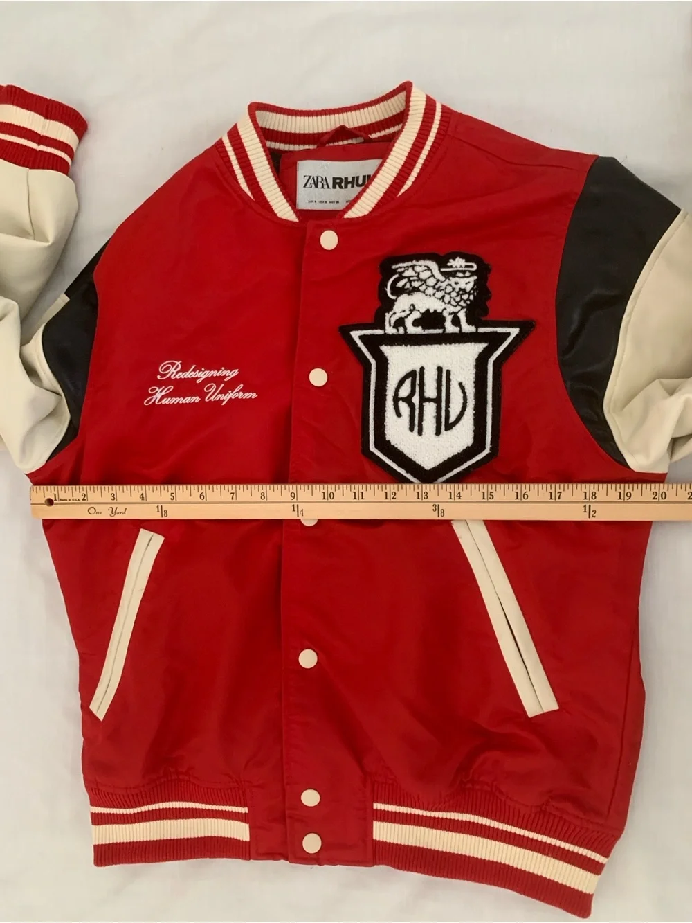 Zara x Rhuigi "RHU" Patches Varsity Bomber Jacket - Red/Cream - Size Small - Picture 7 of 15